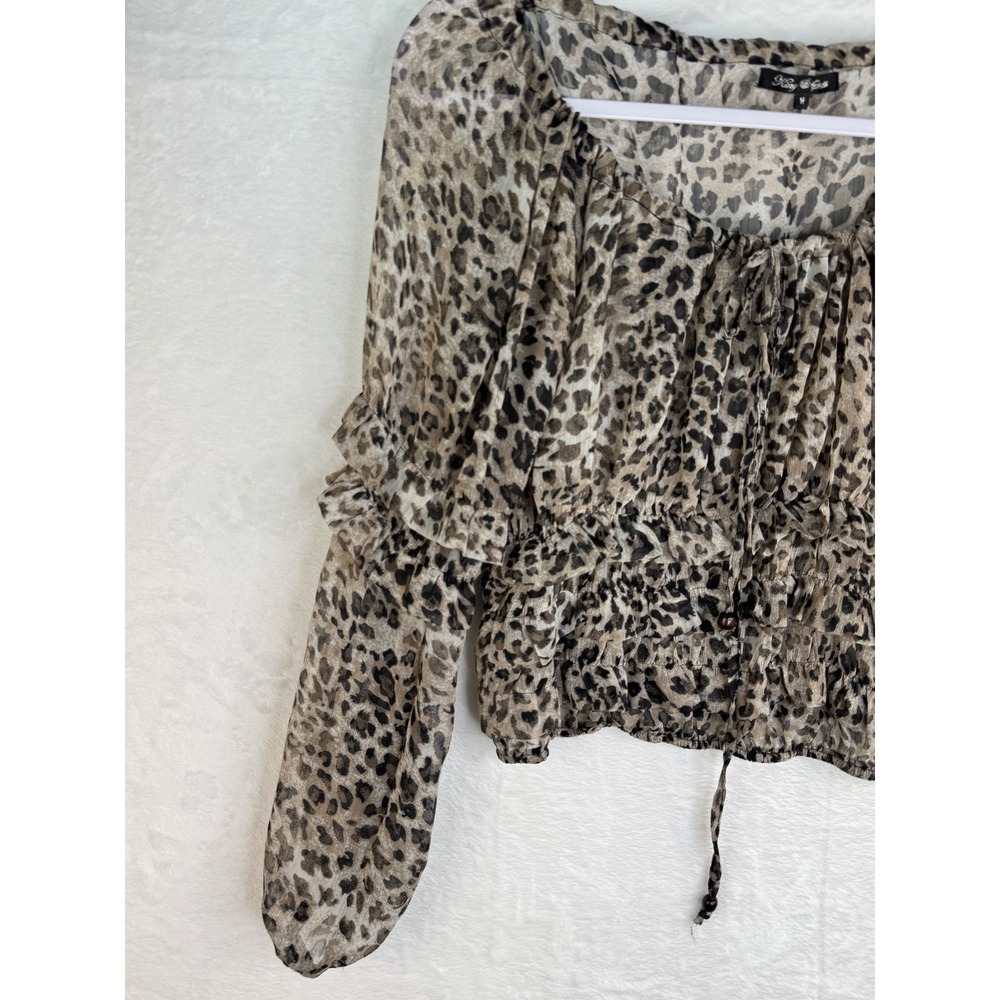 King & Girls Leopard Print Smocked Waist Ruffle Sleeve Sheer Blouse Medium - Picture 2 of 8